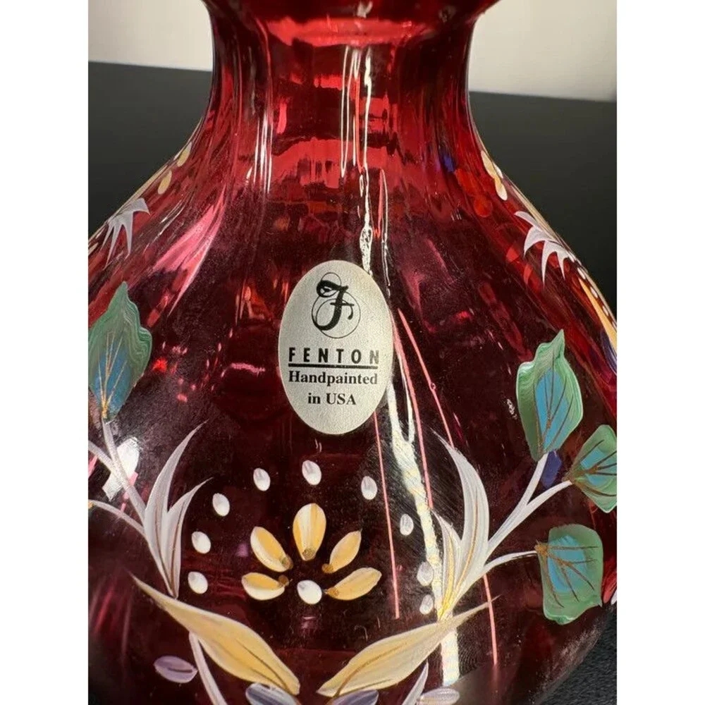 Fenton Cranberry Glass Vase Hand Painted Signed Limited Edition 786 of 1000